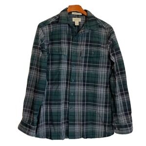 LL Bean Men Button Up Shirt Med. Green Plaid Flannel Traditional Fit Long Sleeve